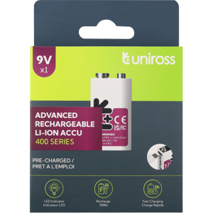Акумулаторна батерия 9V Li-Ion Uniross 9V 400 mAh + USB Type C
