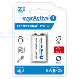 Акумулаторнa батерия 9V Li-Ion 500 mAh EverActive+ USB Type C