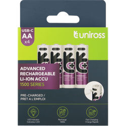 4 Акумулаторни батерии АА Uniross Li-Ion 1.5V 1500 mAh - USB - Type C