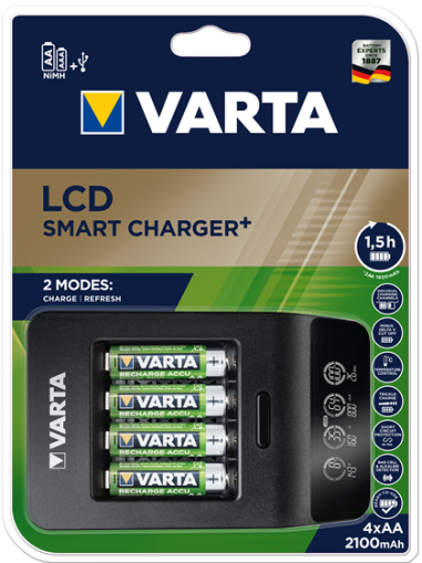 Smart зарядно за акумулаторни батерии VARTA с LCD дисплей и 4 батерии AA 2100 mAh