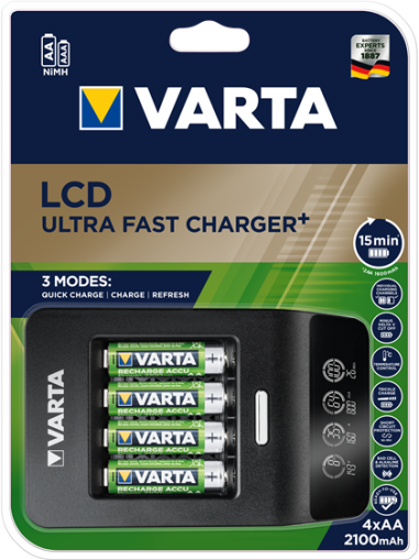 Супер бързо зарядно за акумулаторни батерии VARTA с 4 батерии AA 2100 mAh